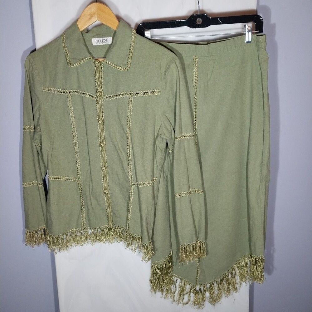 Vtg Womens Fringe Skirt Set M Sage Green Linen Rayon Prairie Western Festival